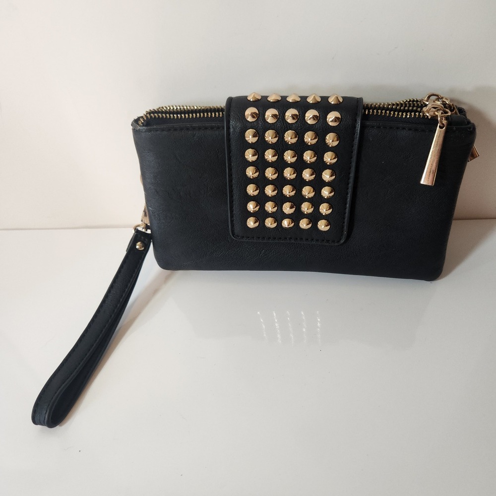 Jeane & Jax Black Vegan Leather Studded Wristlet Clutch Gold Studs Double Zip